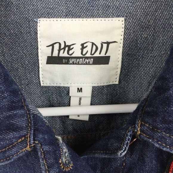 "The Edit by Seventeen" Denim Jacket Distressed Dark Blue Jean, Size Medium - Picture 6 of 10